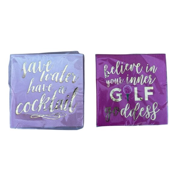 Paper Napkins Set Of Pier One “Save Water Cocktail" & "Golf Goddess" Pink/Gold - Picture 2 of 3